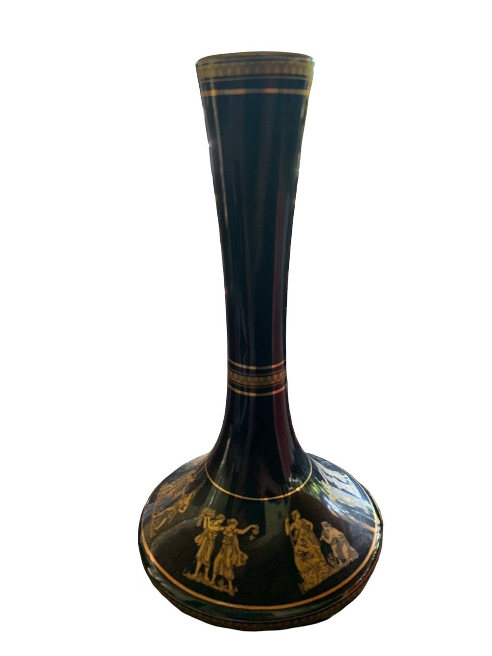 Vintage Spyropoulos Blueblack Porcelain Vase w/24k Gold Trim, Hellenistic Scenes